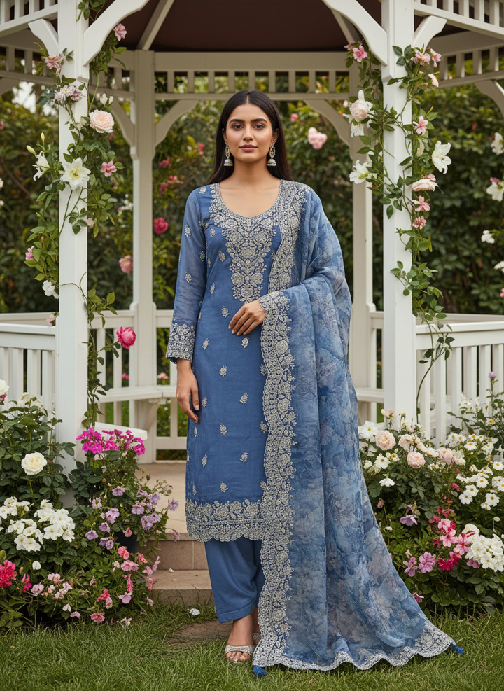 Celestial Blue Organza with Zari Stone Embellishment (53747)