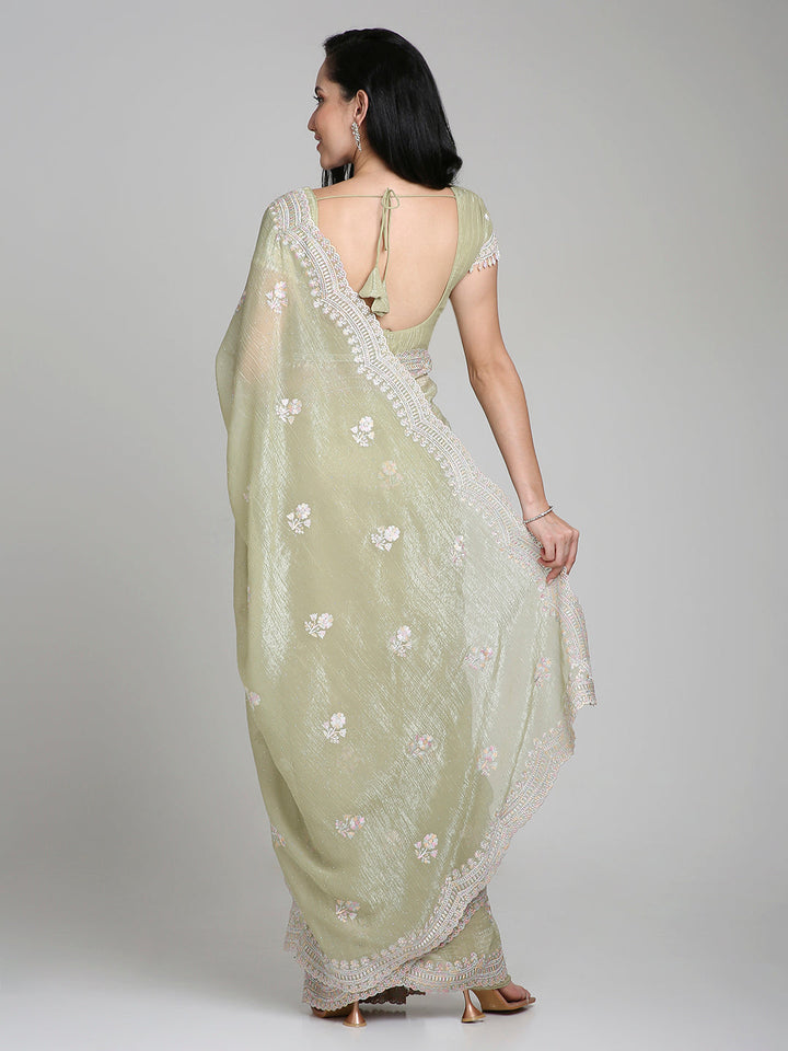 Samaira – Sage Green Chiffon Saree with Pastel Embroidered Border | Fazals (43392)