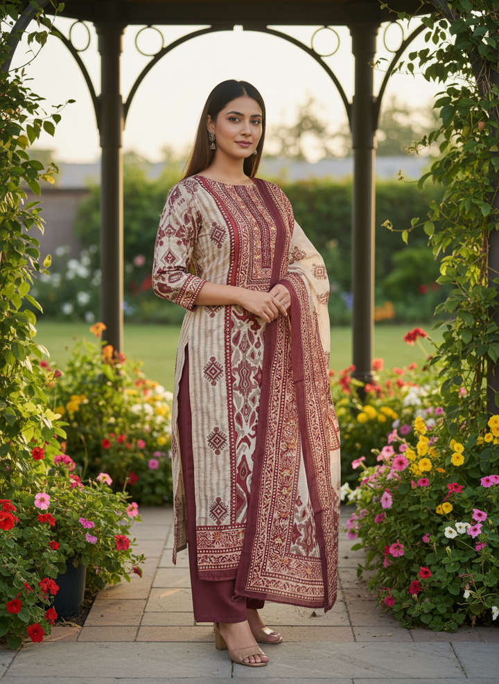 Beige Chanderi with Printed Embroidery Elegance (52104)