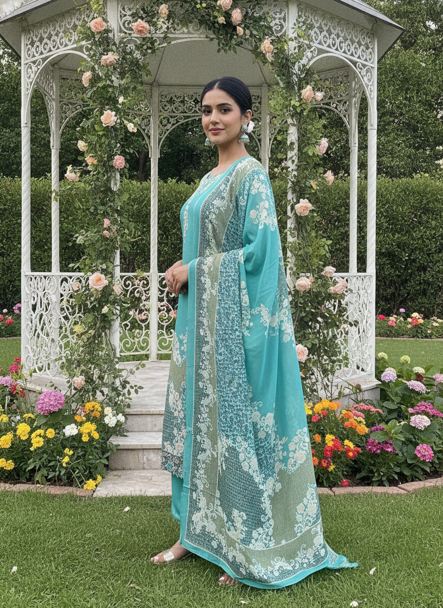 Light Blue Muslin Printed Embroidery Dupatta (51973)