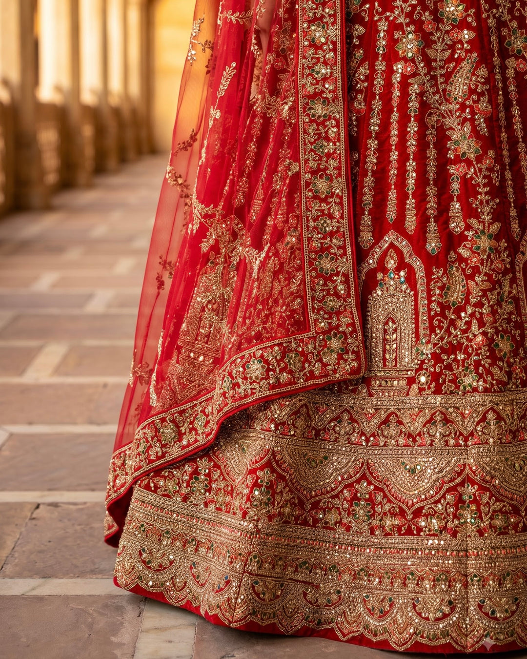 Luxurious Scarlet Velvet Bridal Lehenga with Exquisite Embellishments (43445)