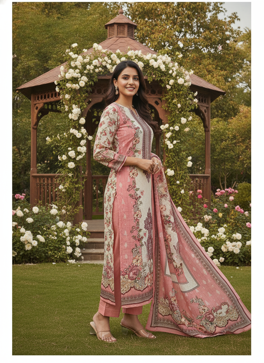 Peach Muslin Dupatta with Printed Embroidery (50903)