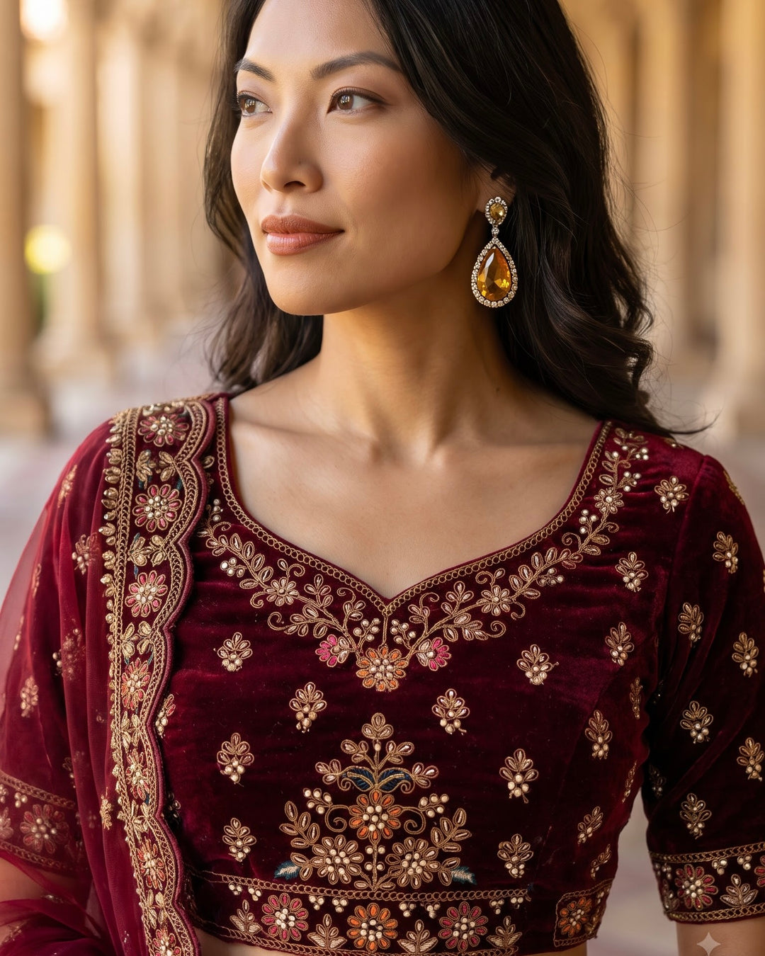 Maroon Velvet Embroidered Bridal Lehenga (47624)