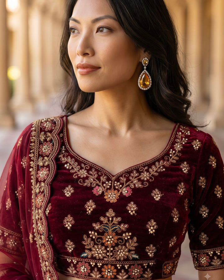Maroon Velvet Embroidered Bridal Lehenga (47624)