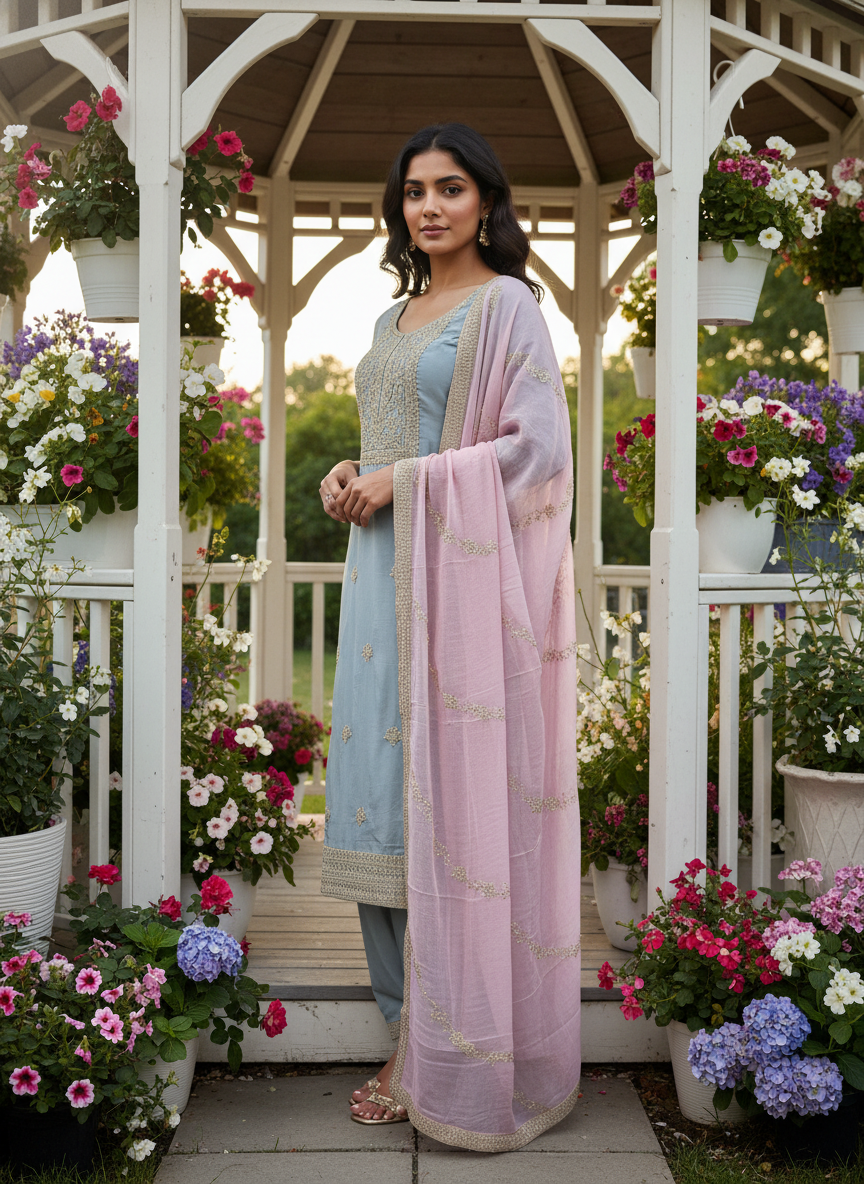 Embroidered Grey Upada Silk Unstitched Fabric (53751)