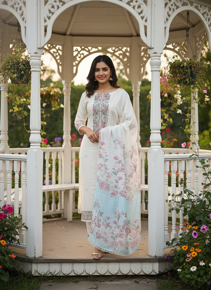 Off-White Embroidered Muslin Unstitched Fabric (49358)