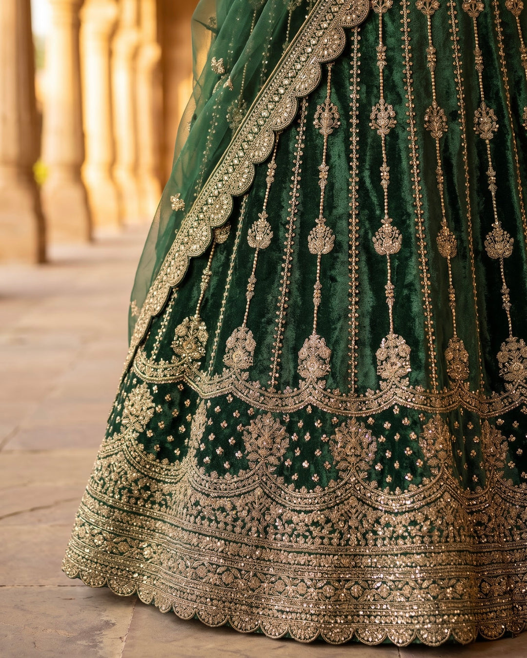 Emerald Velvet Embroidered Bridal Lehenga (40021)