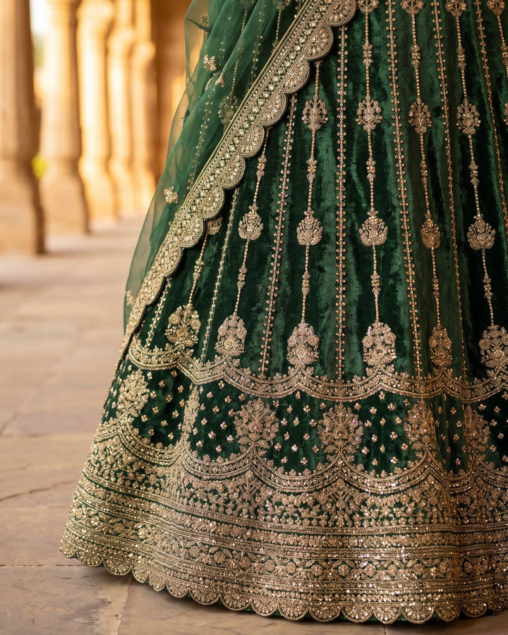 Emerald Velvet Embroidered Bridal Lehenga (40021)