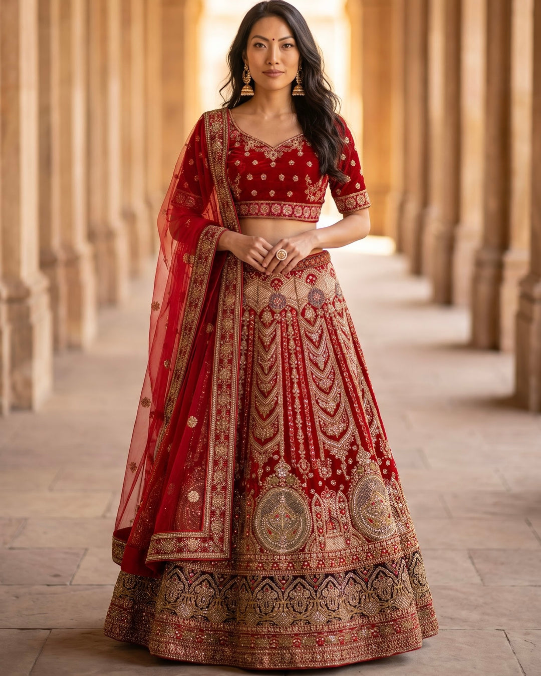 Crimson Velvet Bridal Lehenga with Embroidery (51900)