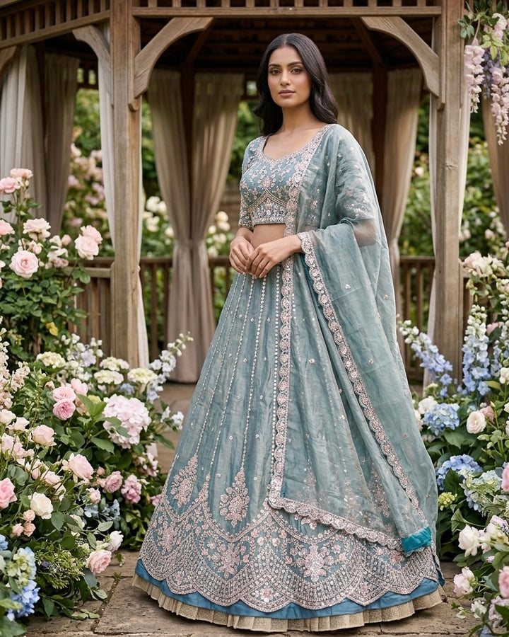Embroidered Grey Organza Dupatta with Elegant Detailing (54507)