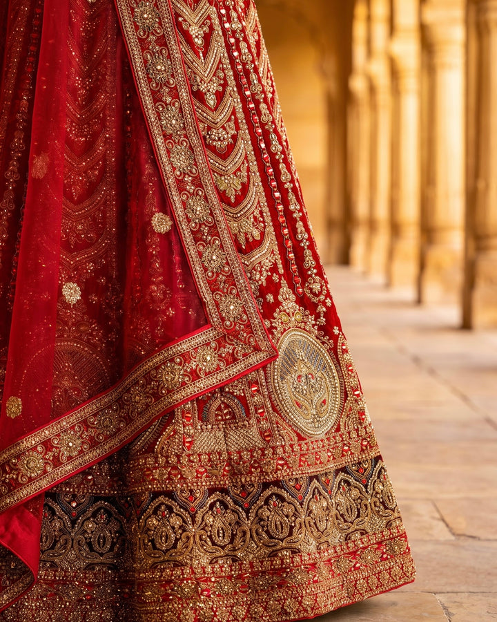 Crimson Velvet Bridal Lehenga with Embroidery (51900)