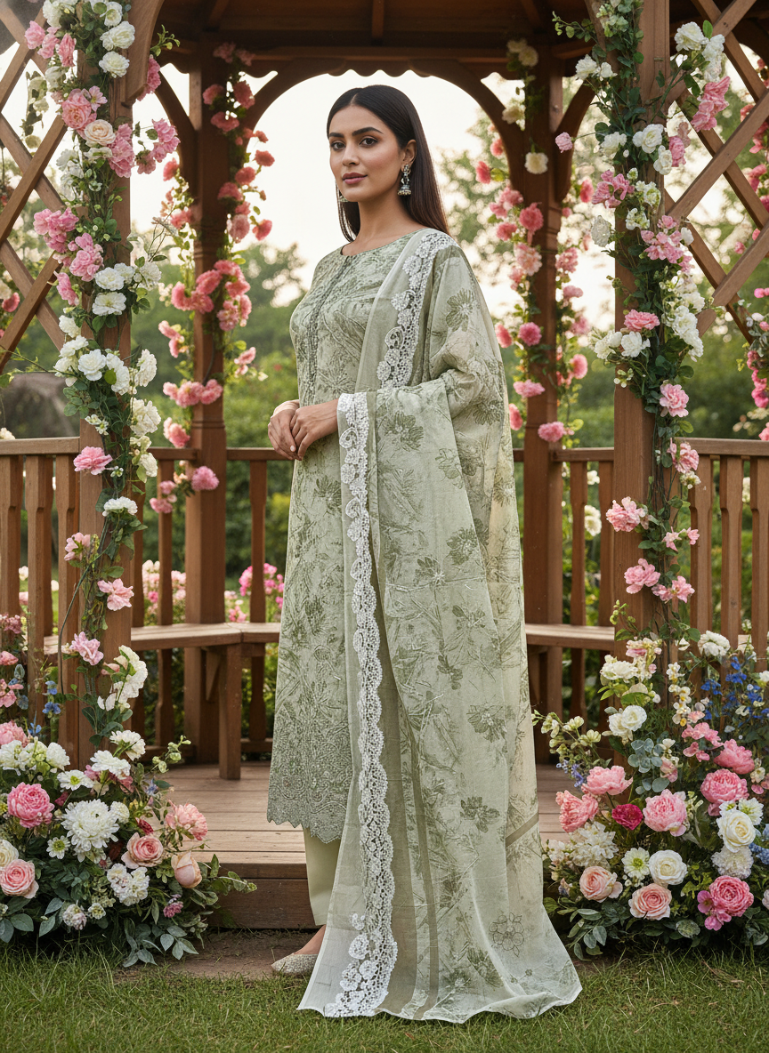 Monsoon Green Embroidered Cotton Unstitched Fabric (54985)