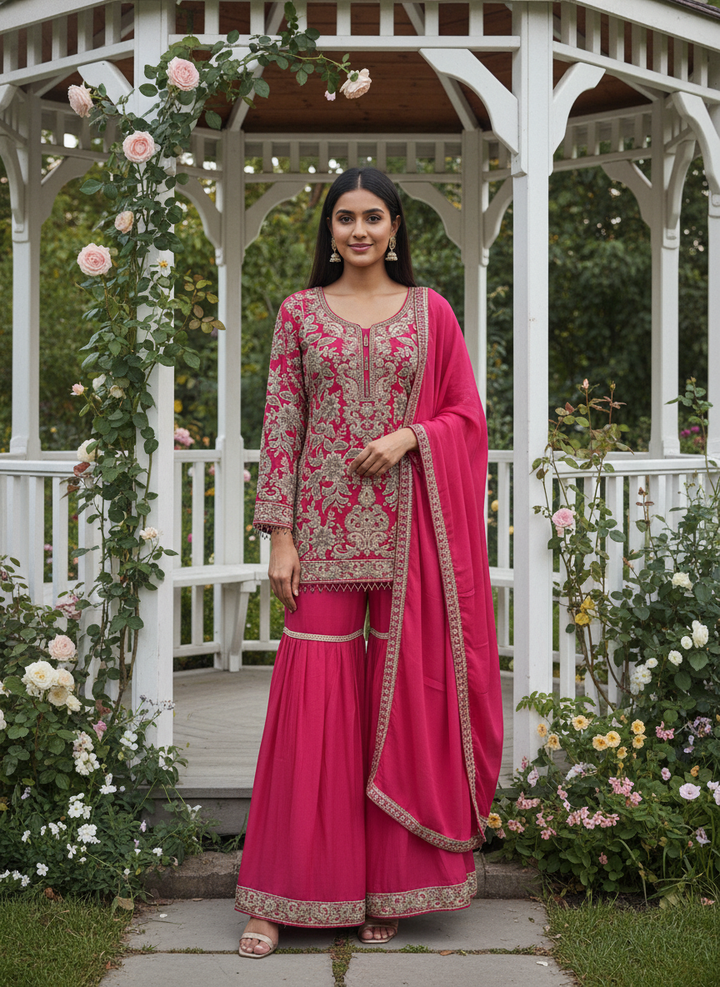 Rani Pink Handwork Chinnon Sharara Suit (49761)
