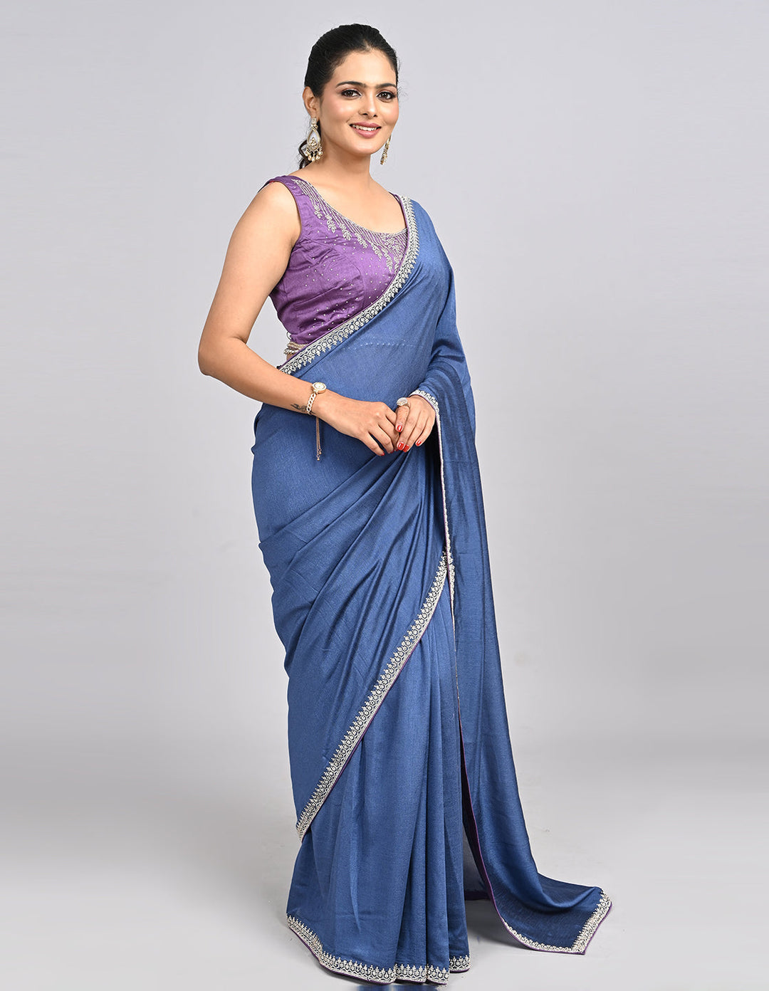 Inaaya – Blue Silk Saree with Swarovski Border & Self-Coloured Blouse | Fazals (47127)