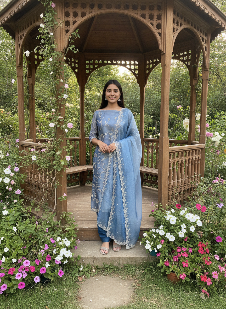 Blue Organza Embroidered Unstitched Festive Ensemble (58042)