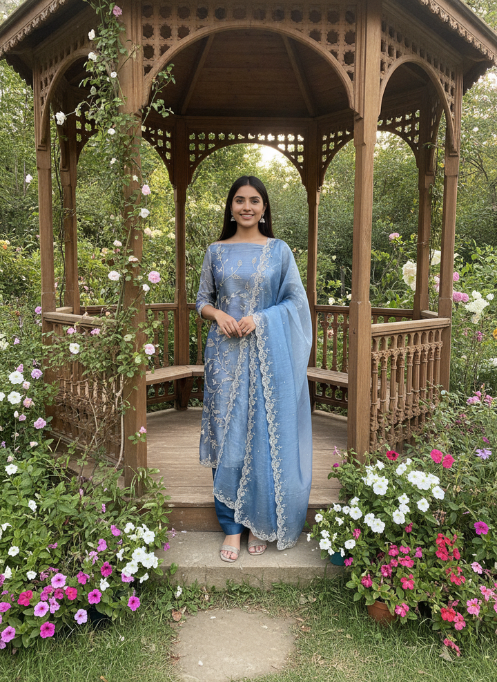 Blue Organza Embroidered Unstitched Festive Ensemble (58042)