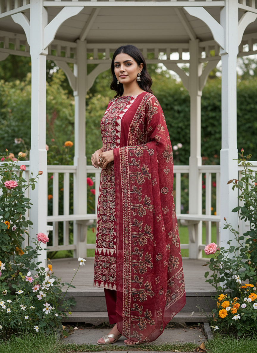 Maroon Cotton Print Unstitched Everyday Elegance (53887)
