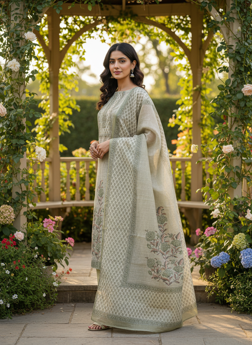 Light Green Linen with Printed Embroidery (50854)