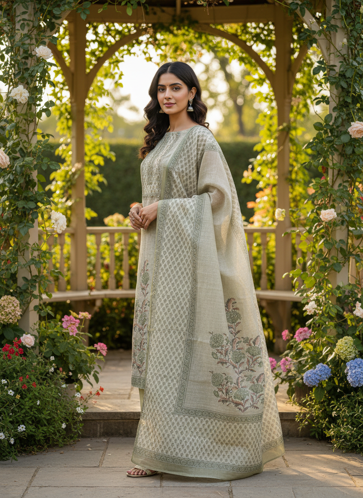 Light Green Linen with Printed Embroidery (50854)