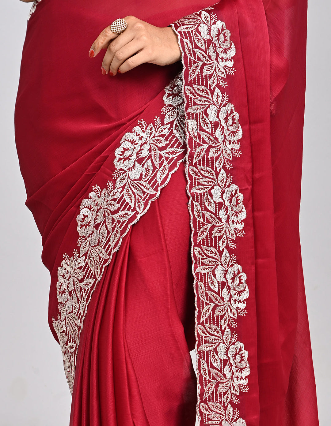 Ruhani – Red Chinnon Saree with Threadwork Border & Self-Coloured Blouse | Fazals (48096)