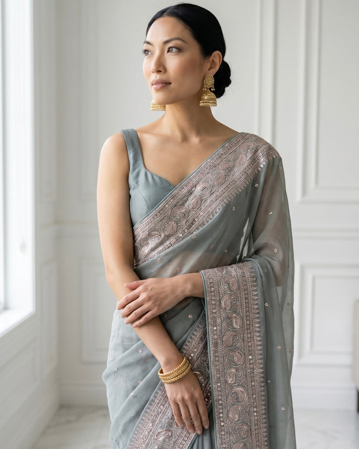 Ethereal Light Blue Embroidered Organza Saree (54588)