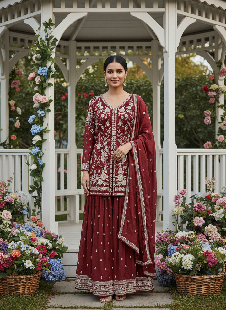 Embroidered Maroon Silk Plazo Suit for Festive Elegance (53032)
