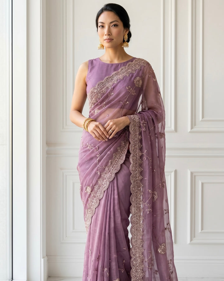 Lavender Organza Saree with Allover Embroidery (55116)