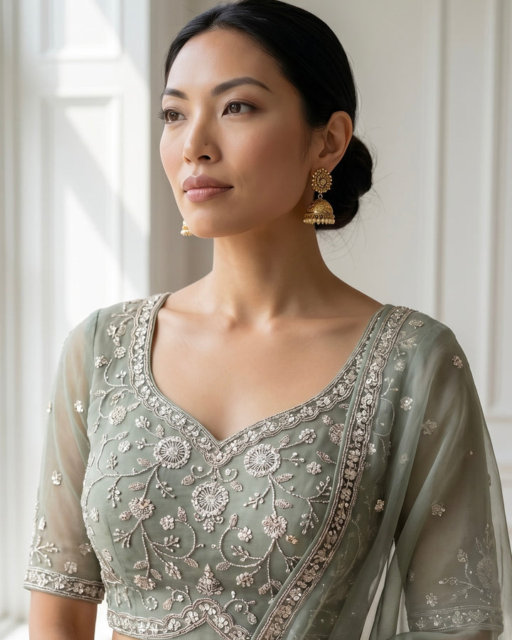 Emerald Embroidered Organza Saree Elegance (54587)