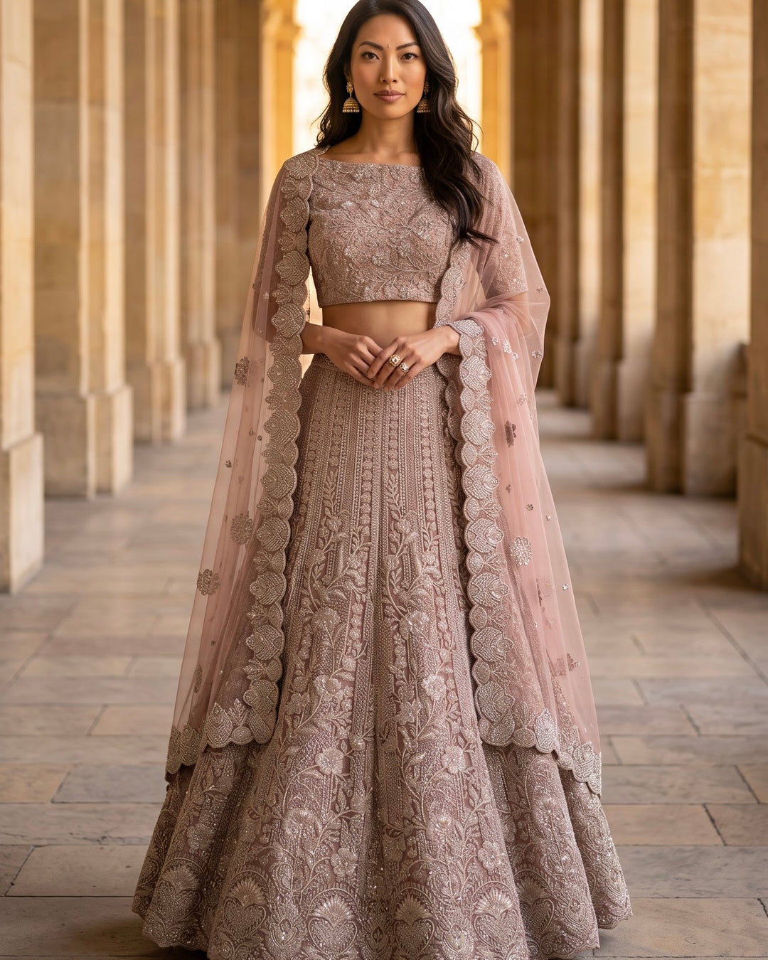 Lavender Net Embroidered Bridal Lehenga (46784)
