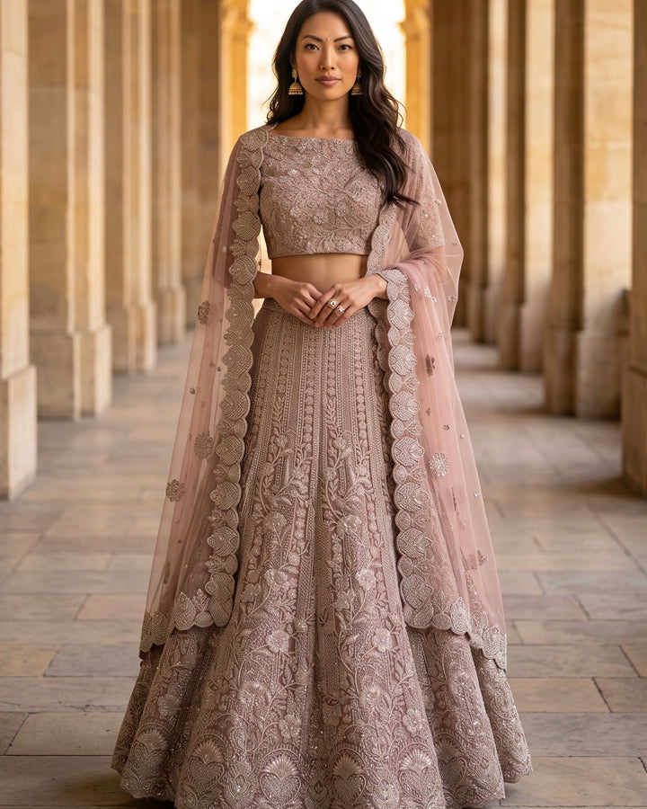Lavender Net Embroidered Bridal Lehenga (46784)