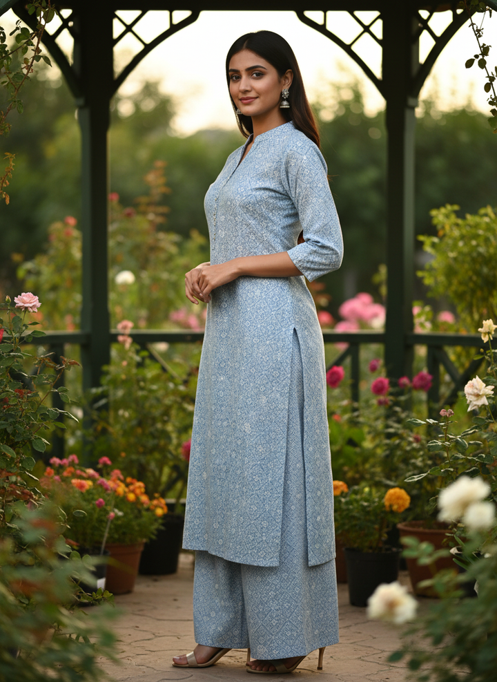 Light Blue Mull Printed Embroidery Drape (54405)