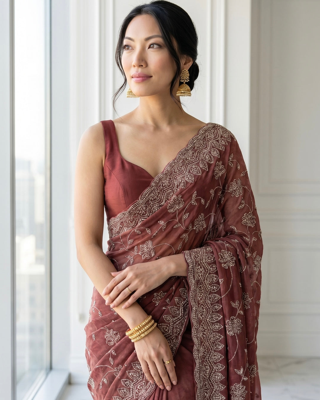 Peach Organza Saree with Allover Embroidery (54582)