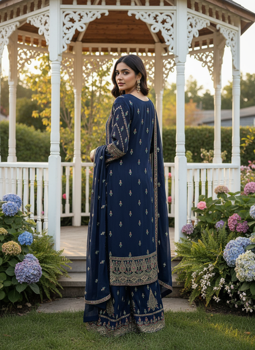 Embroidered Blue Chinnon Plazo Suit for Festivities (53624)