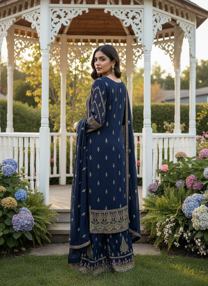 Embroidered Blue Chinnon Plazo Suit for Festivities (53624)