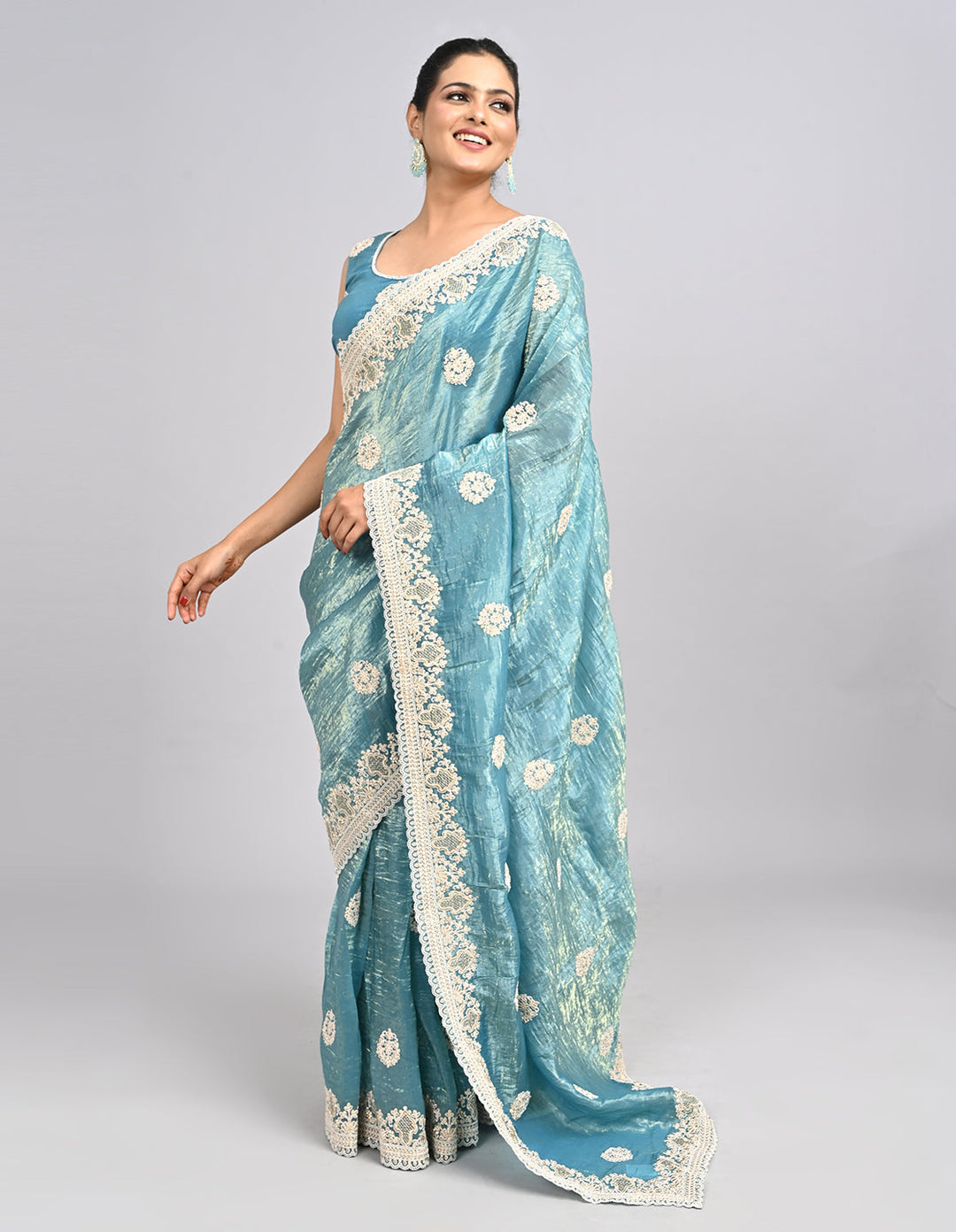 Neysa – Light Blue Organza Saree with Thread Embroidery & Self-Coloured Blouse | Fazals (46581)