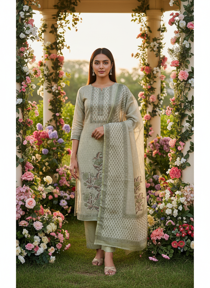Light Green Linen with Printed Embroidery (50854)