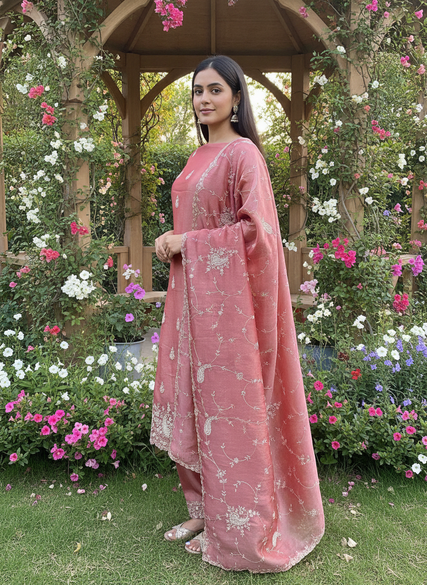 Peach Tissue Embroidered Unstitched Ensemble (58885)