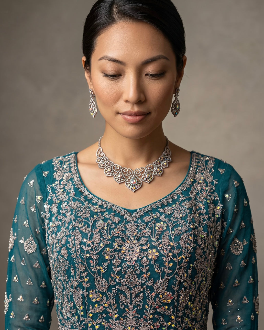 Embroidered Green Net Indo Western (30321)