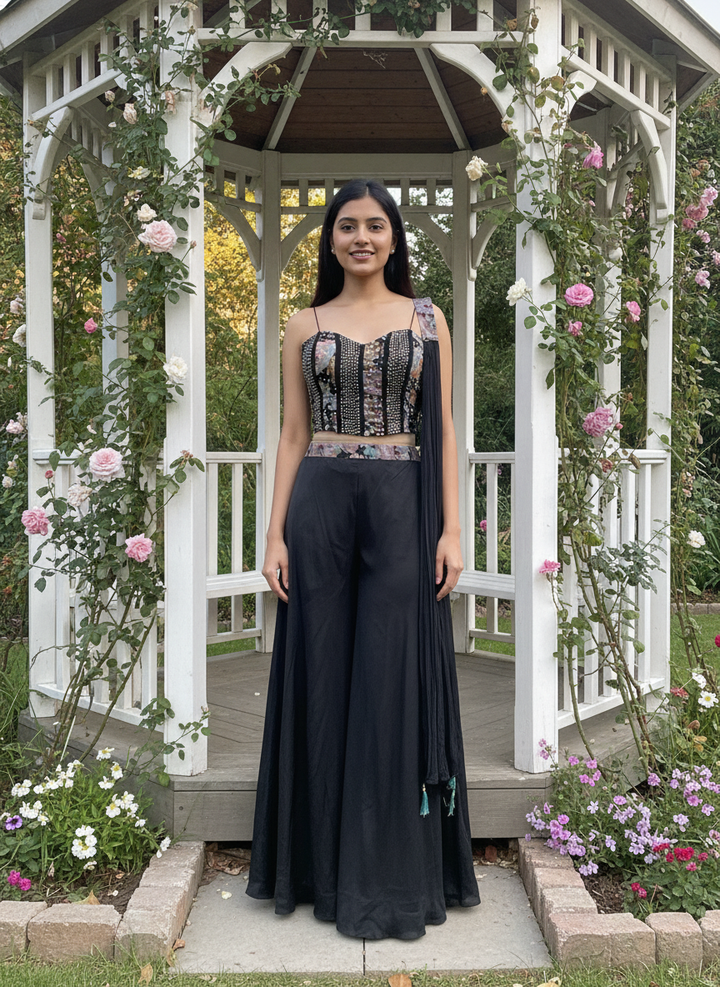 Embroidered Black Silk Palazzo Trousers (56394)
