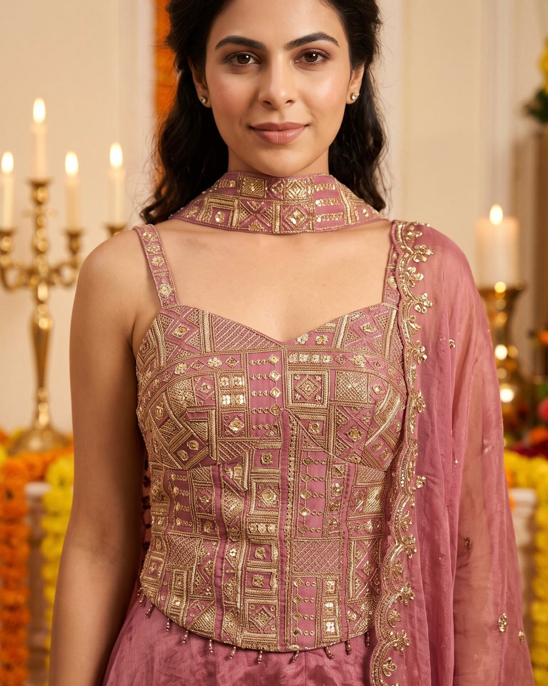 Pink Embroidered Tissue Corset Blouse Palazzo Set (60867)