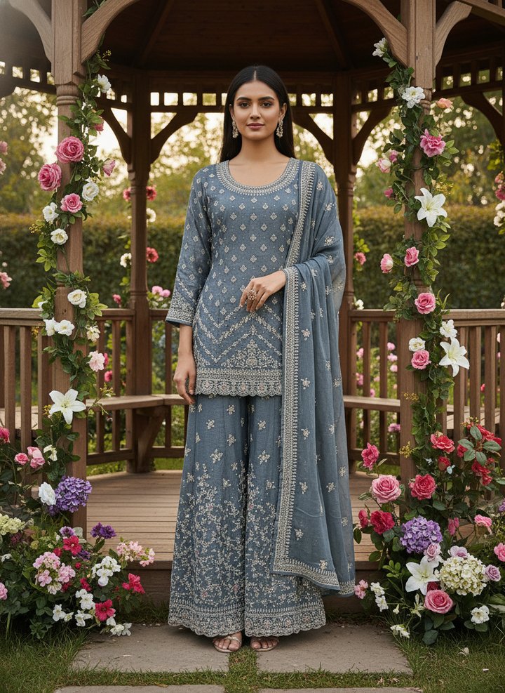 Grey Tissue Palazzo Suit with Zari Embroidery (50455)