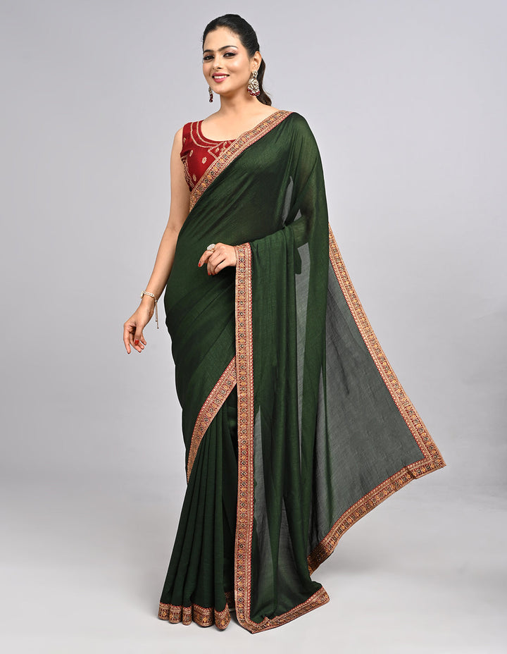 Ishra – Green Silk Saree with Zari Border & Contrast Blouse | Fazals (46569)