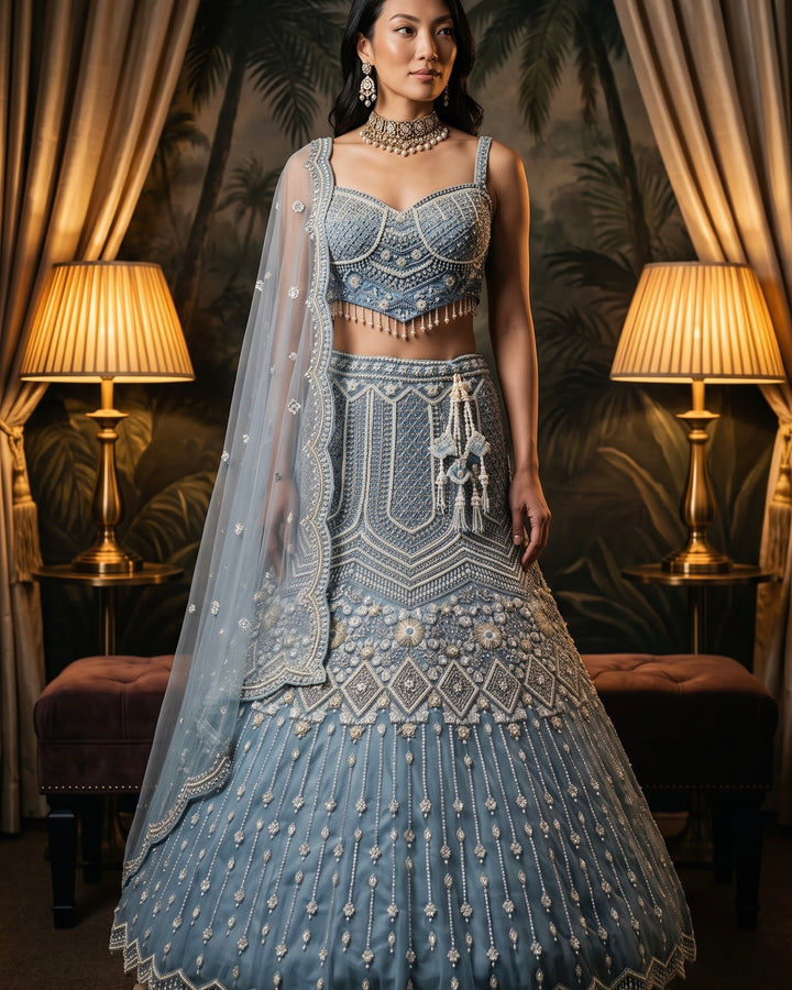 Glacier Blue Corset Blouse Fish Cut Lehenga (59218)