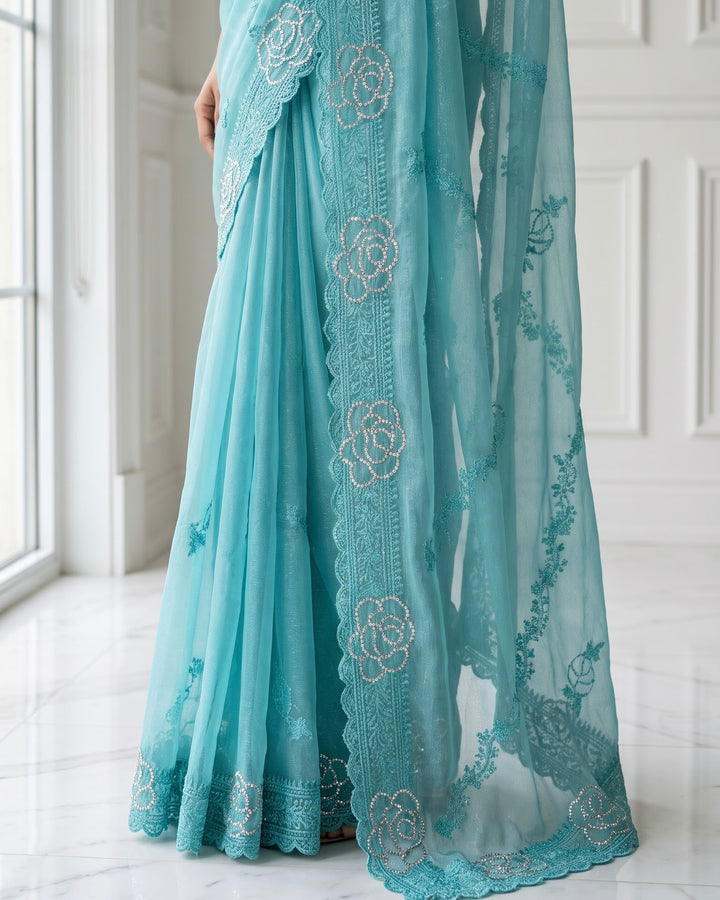 Embroidered Blue Georgette Festive Saree (37047)
