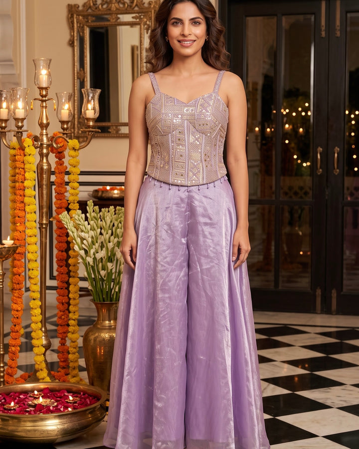 Purple Embroidered Tissue Corset Blouse Palazzo Set (60868)