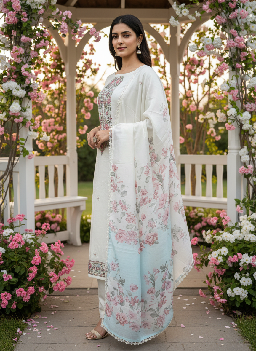 Off-White Embroidered Muslin Unstitched Fabric (49358)