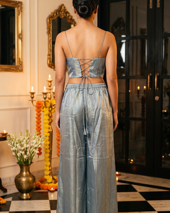 Grey Embroidered Organza Corset Blouse Palazzo Set (60557)