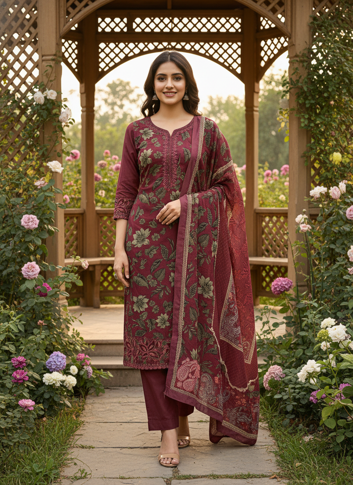 Maroon Muslin Printed Unstitched Elegance (50389)