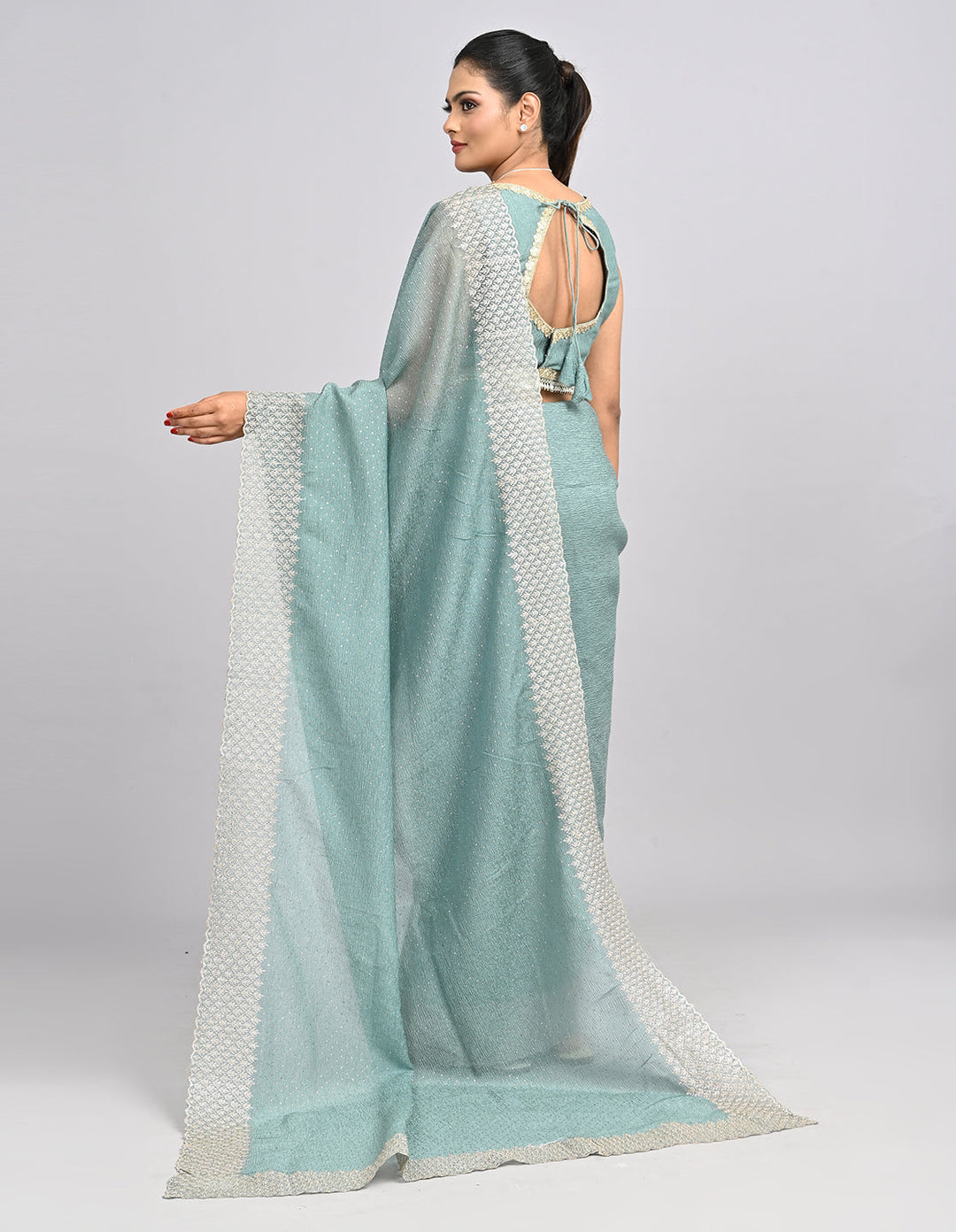 Aarini – Light Green Crush Silk Saree with Zari Embroidery & Self-Coloured Blouse | Fazals (45076)