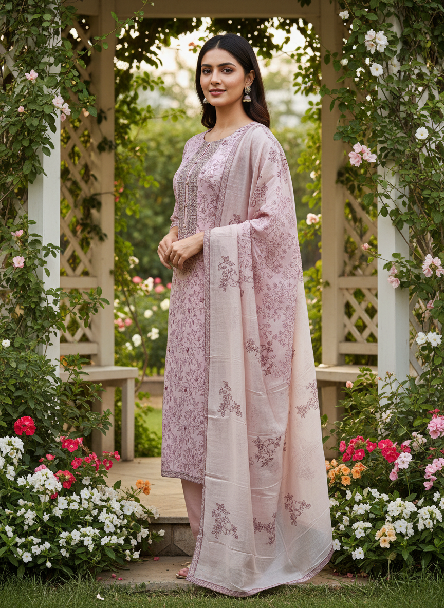 Printed Embroidery Pink Muslin Unstitched Fabric (49372)